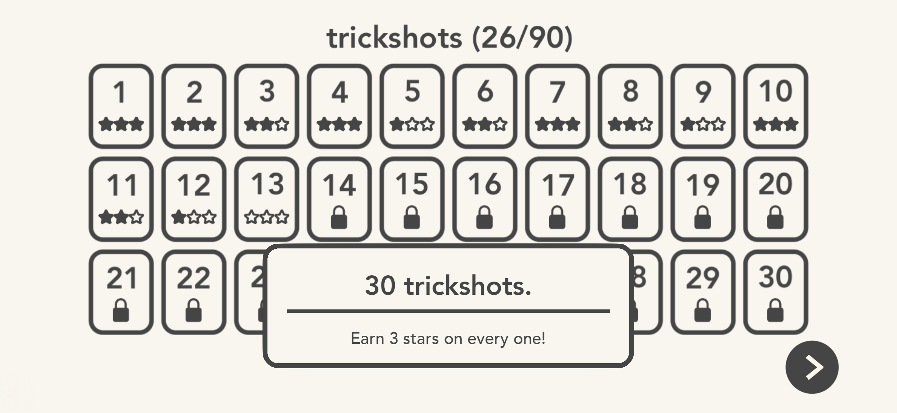 Trickshot level select with star ratings